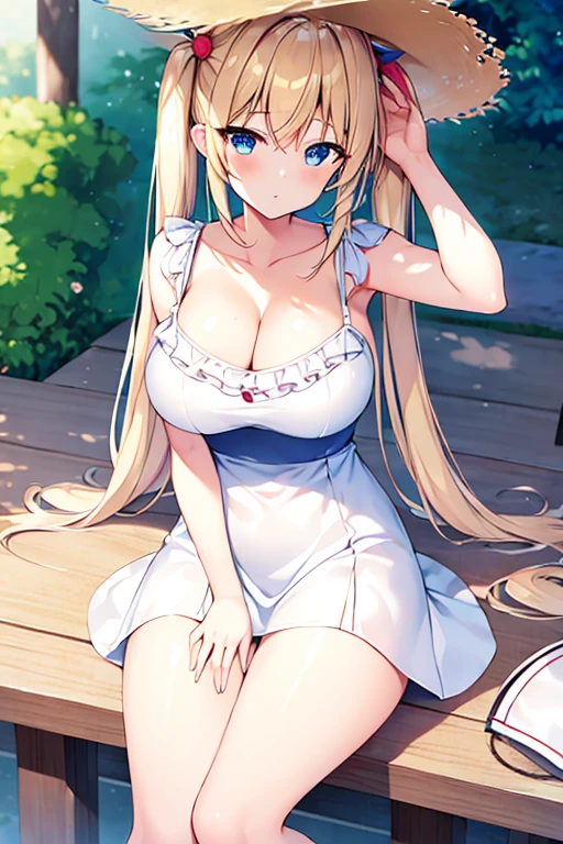 Highest quality,masterpiece,8k,Anime Style,Blonde with blue eyes、camisole、race,White camisole dress micromini skirt,Cleavage,Side view,Large Breasts、sidetie panties,NSFW, Twin tails、glamorous,Cute eyes,sun hat(sun hat),Japanese Festivals,Stall,daytime,Smooth thighs,Accentuate your breasts,Healthy Thighs,Sitting with legs crossed,