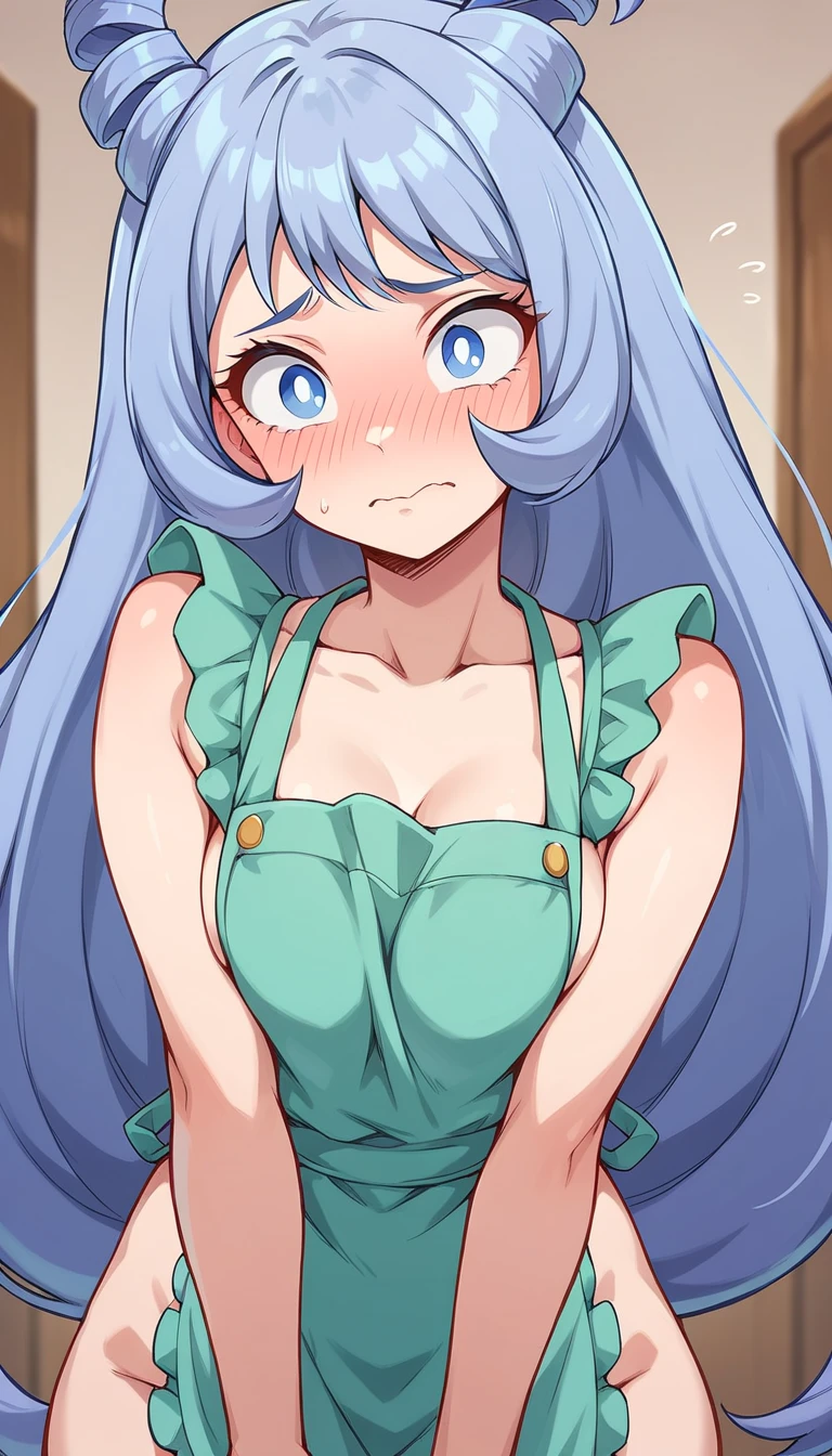 nejire hadou, blue eyes, blue hair, long hair, posing embarrassed, red face, embarrassed, Ashamed, Suspender Naked Apron 