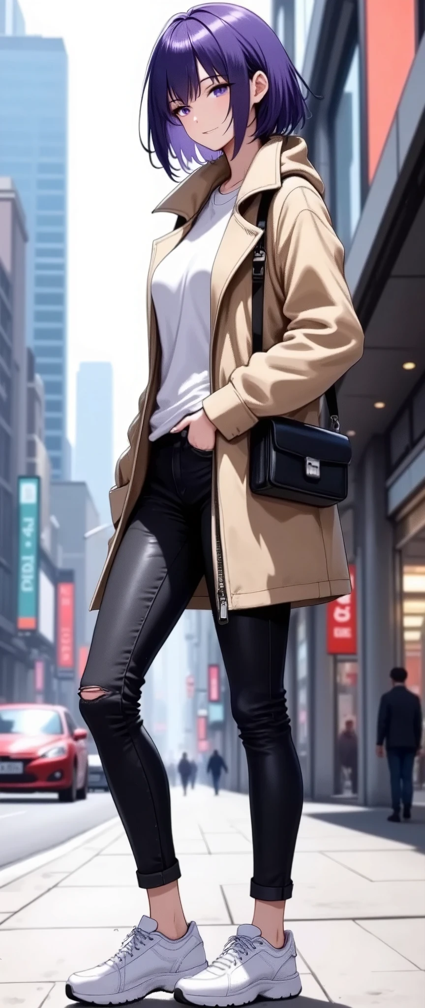 (masterpiece:1.2),(Best Quality),(Super detailed),( super high definition),( best illustration),8k, wallpaper, Beautiful Female Cyborg,whole body,Vector art,Layered Textures ,progressive,SF, Cyberpunk ,beige oversized jacket ,  white t-shirt, Black skinny jeans,  white sneakers , black crossbody bag, fashionable ,(The background is the downtown area of Cyber World)