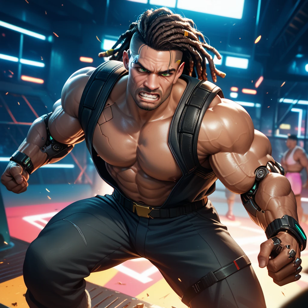 cyborg, 1_bulky_man_cyberpunk_2077, huge muscles, dark brown skin, veins, wrinkles, adult male, rough, dreadlocks, gorilla arms, looking like a fighter, cyborg eyes, fighting stance, gritted teeth, furrowed brows, light green eyes, cyberpunk arena backdrop
