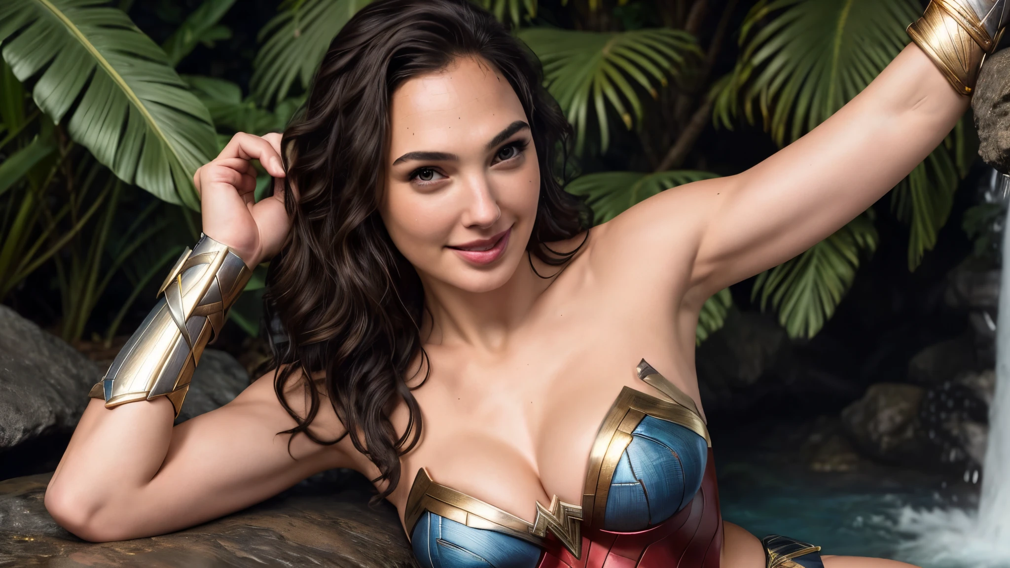 Gal Gadot as Wonder Woman, full body, deep neckline, suit of wonder woman, costume wonder woman, Hot, sexy ,((Masterpiece, best quality)), detailed skin, highly detailed, cinematic lighting, ultra realistic, blush,big breasts, cleavage, malicious smile, full body view. Wonder woman, brunette hair, Close up of breasts, pokies, bikini top, denim bahama shorts, gold arm bracers, tropical waterfall location, smile