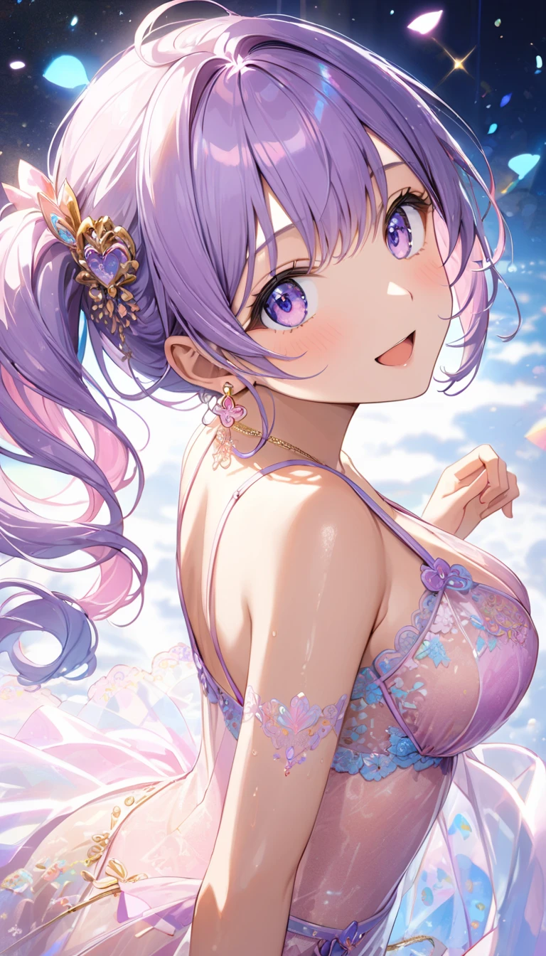  （Big Breasts:1.3）. side ponytail hair. hollow eyes, saliva,  open your mouth 、  Focus on the Face  、  gradient light pastel purple transparent hair in front of a snow sky、（View from directly below:1.2） ,  a woman with a gentle expression  ,  Soft Pink and Beige Colors , Natural Lightが顔に優しい影を作る、  emphasizes the bust、saliva、  look up  、（ Heart pupil:1.5）、（  dynamic poses :1.8）、（sheer holographic pink lingerie:1.2）、（Embroidered lingerie with a very delicate depiction:1.3）  、  heart hair accessory  、Delicate depiction of big eyes  、 shiny hair texture、(  Best Quality Masterpiece  :1.4), (  young woman , Age 19, Alone, Wet肌、 Cool smile,    open your mouth ,   Perfect Eyes:1.1), (  Aim carefully  ,   small round gold earrings  ,   Sheer Embroidered Lingerie  、((( Turn your big breasts :1.4))), Particles of light,   high detail, The Shining, bloom,  Textured skin seen from above , barefoot, Natural Light, (Mature),   Eyes See-Through  , , Wet,  Back posture 