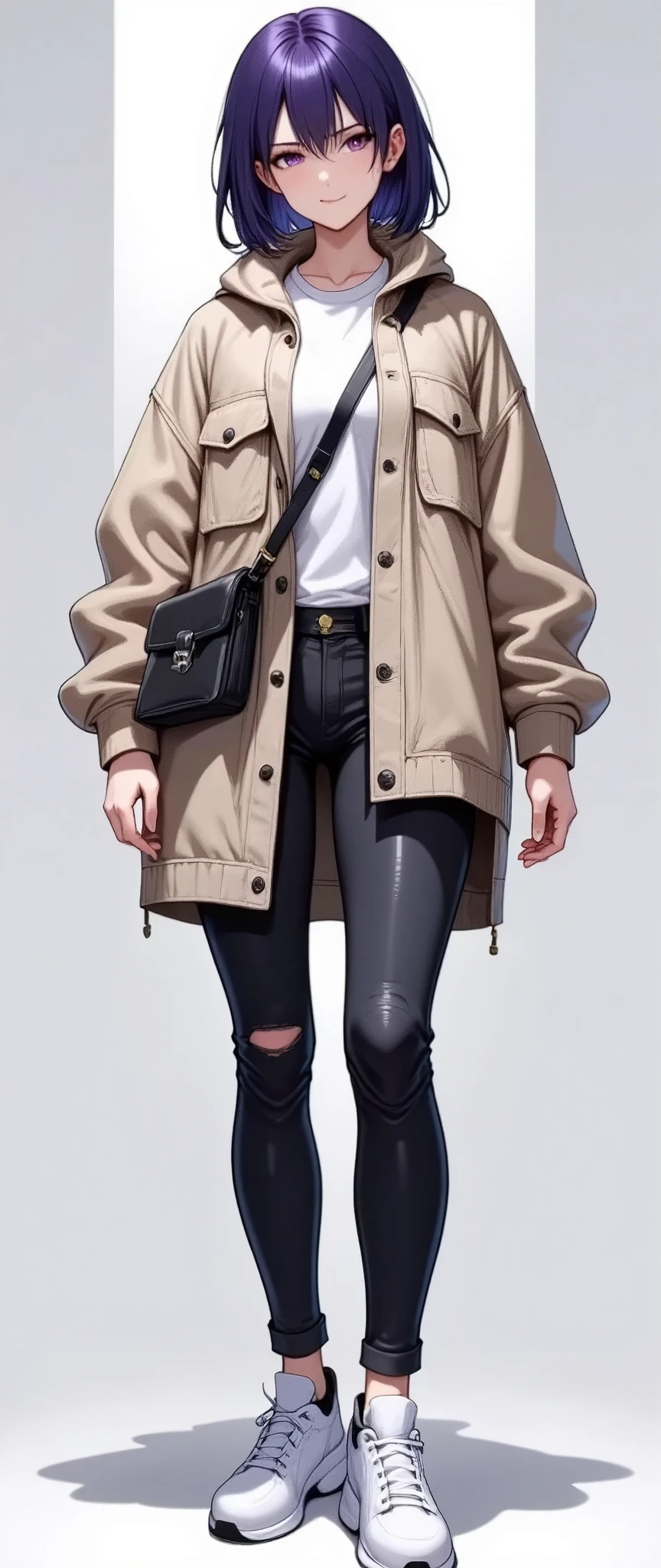 (masterpiece:1.2),(Best Quality),(Super detailed),( super high definition),( best illustration),8k, wallpaper, Beautiful Female Cyborg,whole body,Vector art,Layered Textures ,progressive,SF, Cyberpunk ,beige oversized jacket ,  white t-shirt, Black skinny jeans,  white sneakers , black crossbody bag, fashionable ,(The background is the downtown area of Cyber World)