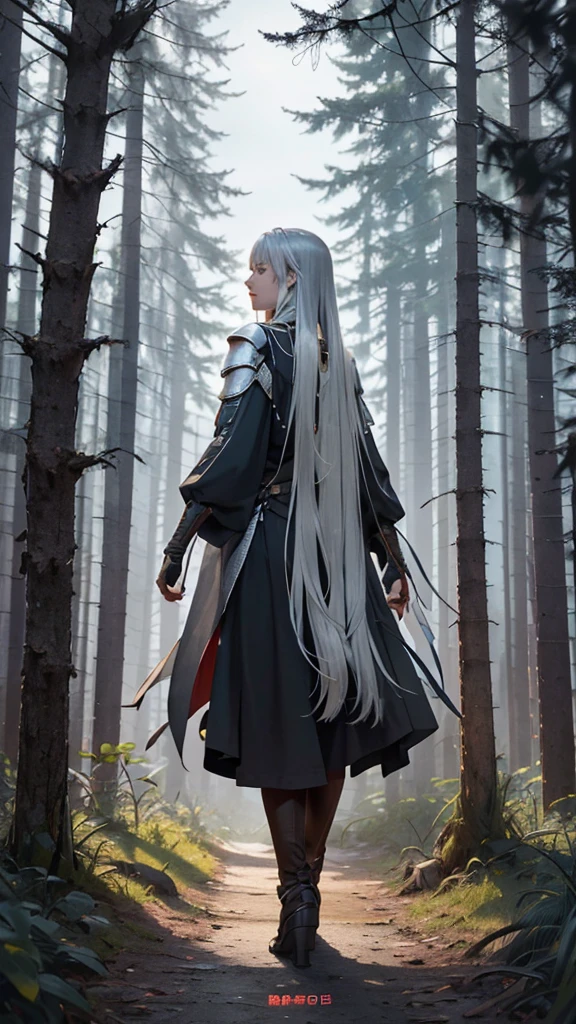   movie poster with a young woman as the main character、(  silver long hair  :1.3)、from below, from behind,  young knight woman standing in the distance, (((very long shot:1.5))), full body,  Dark Sky , (photo realistic:1,5), best quality,night、Dark Forest
