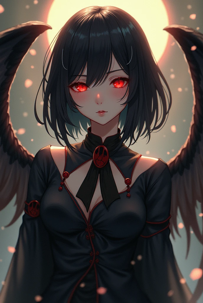 1 girl, red eyes, very Short hair, black choker,black lipstick, black lipstick, portrait, shy, black hair, huge breast, bandeau, tomboy Pixie haircut, hair over one eye