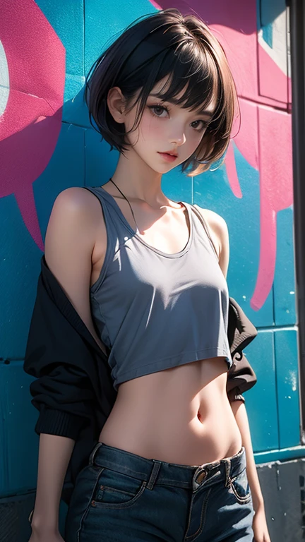 masterpiece, Highest quality, Very detailed, 8k, Realistic, super close up of chest, focus on chest, One Girl, alone, Very detailed face, (head shot:1.5), Standing in front of a wall covered in hip hop graffiti, Cyberpunk neon cityscape,Pixie cut white hair, She is wearing a short neon tank top and an open hoodie, Nice ass, (flat chest:1.6), nsfw