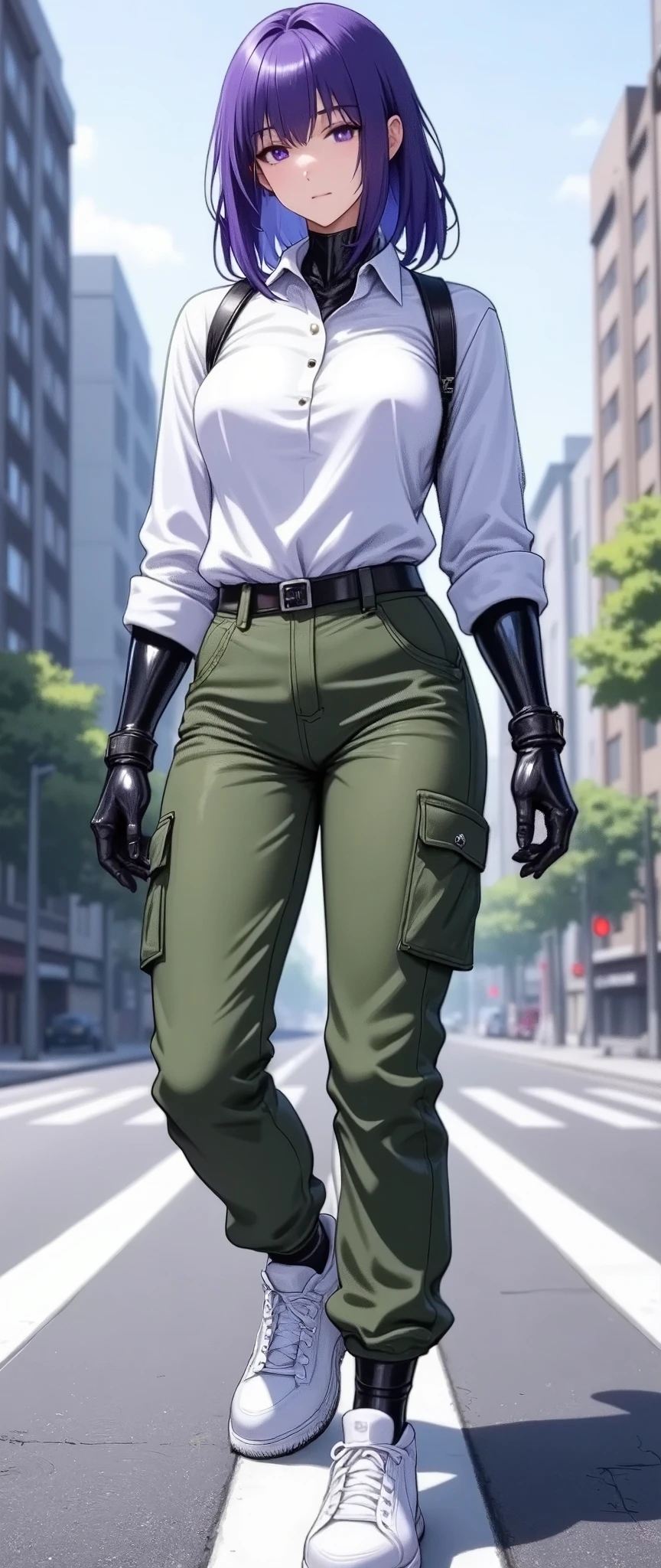 (masterpiece:1.2),(Best Quality),(Super detailed),( super high definition),( best illustration),8k, wallpaper, Beautiful Female Cyborg,whole body,Vector art,Layered Textures ,progressive,SF, Cyberpunk ,White shirt, green cargo pants , white sneakers,(The background is the downtown area of Cyber World)