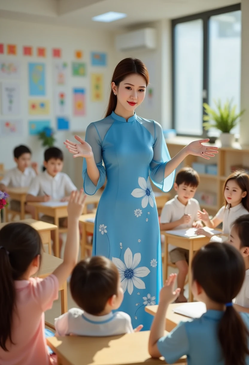 AodaiTet, ao dai, lisamy, A beautiful Vietnamese woman stands at the front of a lively classroom, her expression warm and engaging as she teaches a group of small ren. She wears a half-sleeved blue ao dai adorned with a large white flower pattern that elegantly flows over the high-collared, fitted silk fabric, symbolizing grace and poise. The semi-transparent sleeves add a light, graceful touch, enhancing her approachable presence. The ren, seated at small desks, listen attentively with curious expressions, some raising their hands eagerly. The classroom is filled with colorful decorations, ren’s drawings, and learning materials that add vibrancy to the scene. Soft sunlight filters in through large windows, gently illuminating the room and casting a warm glow on her ao dai, creating a nurturing, joyful atmosphere that reflects her dedication and care as a teacher guiding young minds.