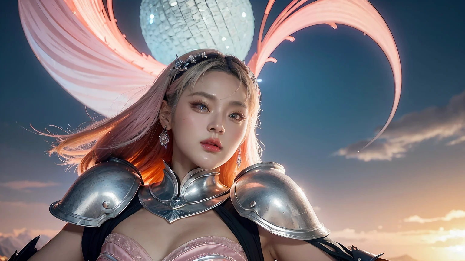（lifelike， high - resolution：1.3），1Indonesian_girl_face with a perfect body， Super fine face and eyes，long hair, mecha, robot, holding, holding_weapon, breasts, weapon, white_dress, wet body, silky breasts, silky body, wet skin, dark nipples, gloves, large_breasts, holding_sword, sword, white_dress, staff, cleavage, jewelry, glowing, purple_eyes, long_hair, orange_hair, hair_behind_ear, white_gloves, elbow_gloves, tiara, holding_staff, v-fin, science_fiction, looking_at_viewer, necklace， big boob，Expose cleavage , solo, long_hair, thighhighs, breasts, gloves, blonde_hair, fingerless_gloves, cleavage, very_long_hair, boots, bow_(weapon), breasts, solo, cleavage, holding_weapon, vambraces, parted_lips, large_breasts, feathers, large_breasts, looking_at_viewer, cleavage_cutout, skirt, garter_straps, weapon, large_breasts, clothing_cutout, full_body, Super fine face and eyes，long hair， Tank top over low claveage ：1.2， big boob，Expose cleavage