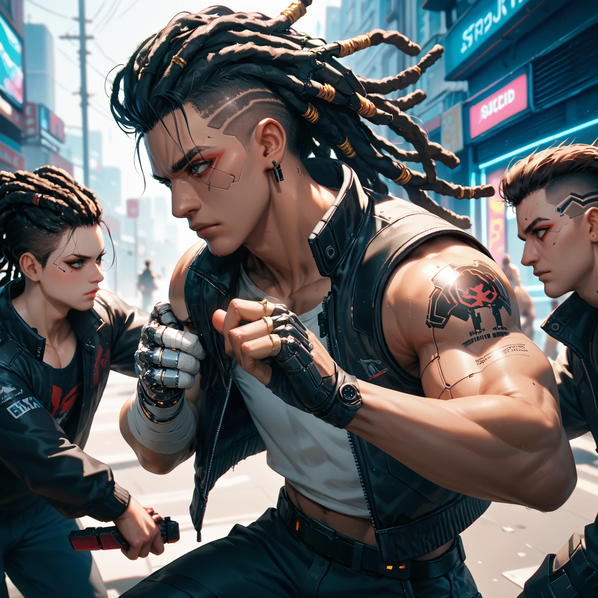 cyborg, 1_bulky_animals_man_cyberpunk_2077, with tanned skin, dreadlocks, knuckle bandages, looking like a fighter, cyborg eyes, figting stance
