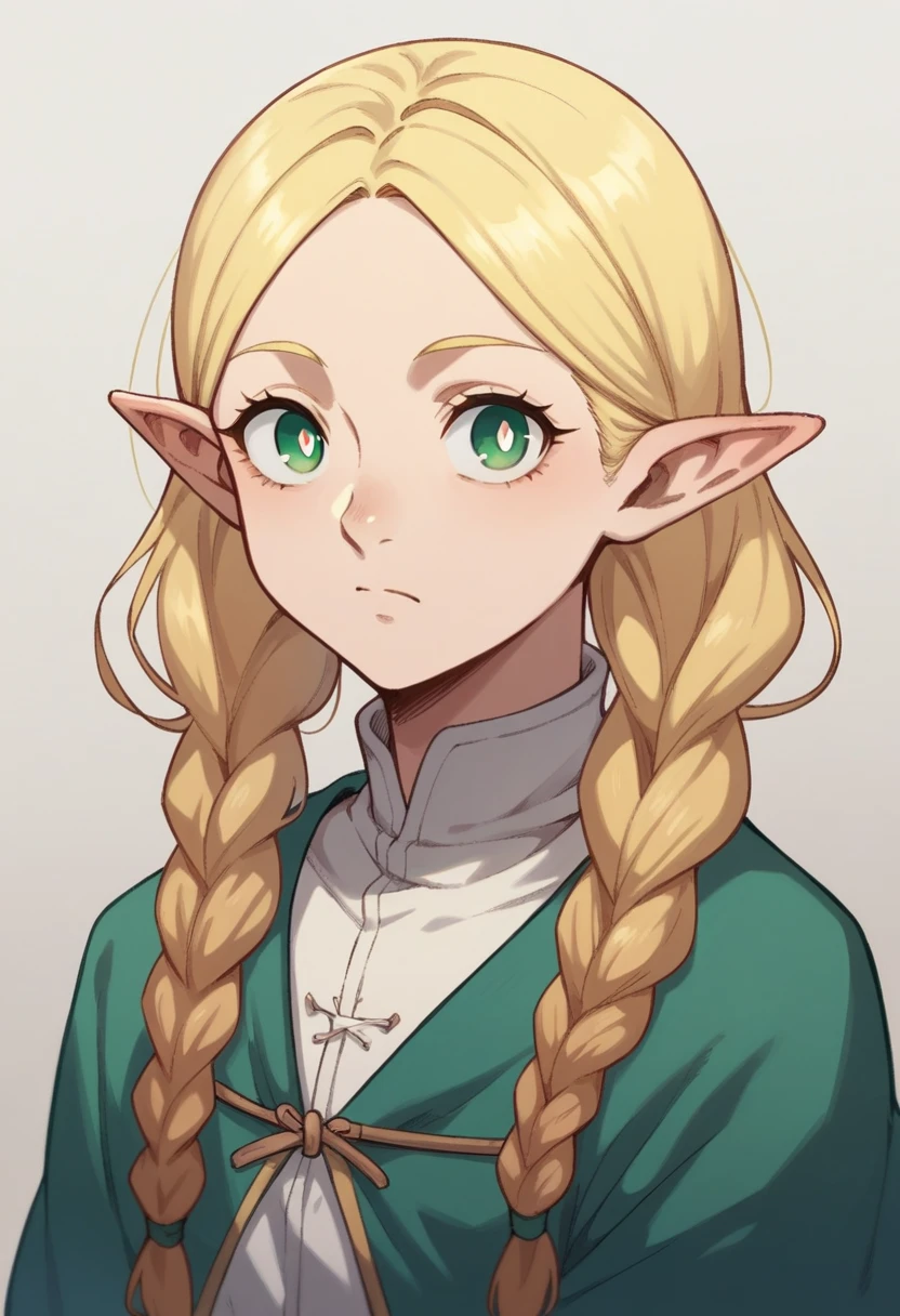 marcille donato, long hair, blonde hair, green eyes, braid, pointy ears, twin braids, elf, bright pupils, parted bangs, standing, portrait