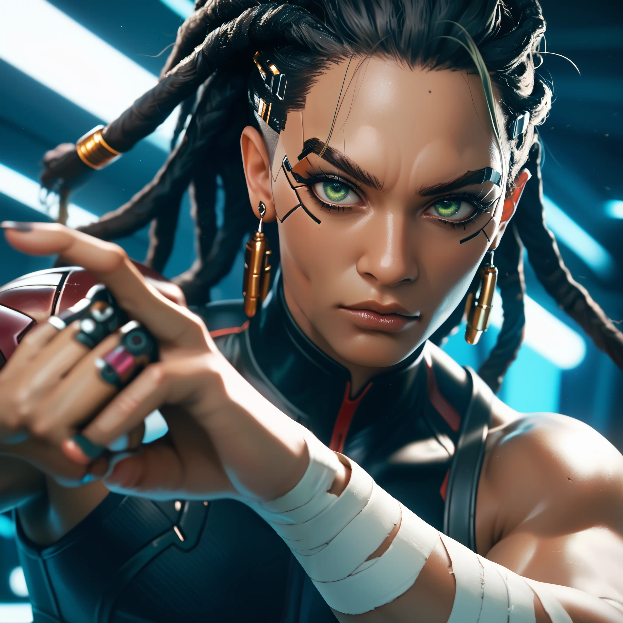 cyborg, 1_bulky_man_cyberpunk_2077, with tanned skin, dreadlocks, knuckle bandages, looking like a fighter, cyborg eyes, fighting stance, fierce eyes, narrow eyes, furrowed brows, light green eyes, shizzeled chin