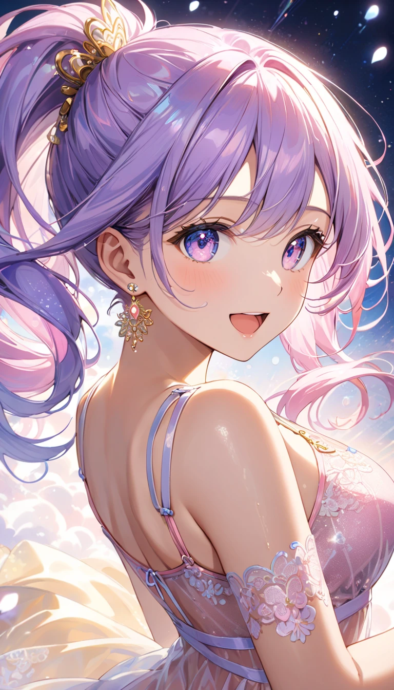  （Big Breasts:1.3）. side ponytail hair. hollow eyes, saliva,  open your mouth 、  Focus on the Face  、  gradient light pastel purple transparent hair in front of a snow sky、（View from directly below:1.2） ,  a woman with a gentle expression  ,  Soft Pink and Beige Colors , Natural Lightが顔に優しい影を作る、  emphasizes the bust、saliva、  look up  、（ Heart pupil:1.5）、（  dynamic poses :1.8）、（sheer holographic pink lingerie:1.2）、（Embroidered lingerie with a very delicate depiction:1.3）  、  heart hair accessory  、Delicate depiction of big eyes  、 shiny hair texture、(  Best Quality Masterpiece  :1.4), (  young woman , Age 19, Alone, Wet肌、 Cool smile,    open your mouth ,   Perfect Eyes:1.1), (  Aim carefully  ,   small round gold earrings  ,   Sheer Embroidered Lingerie  、((( Turn your big breasts :1.4))), Particles of light,   high detail, The Shining, bloom,  Textured skin seen from above , barefoot, Natural Light, (Mature),   Eyes See-Through  , , Wet,  Back posture 