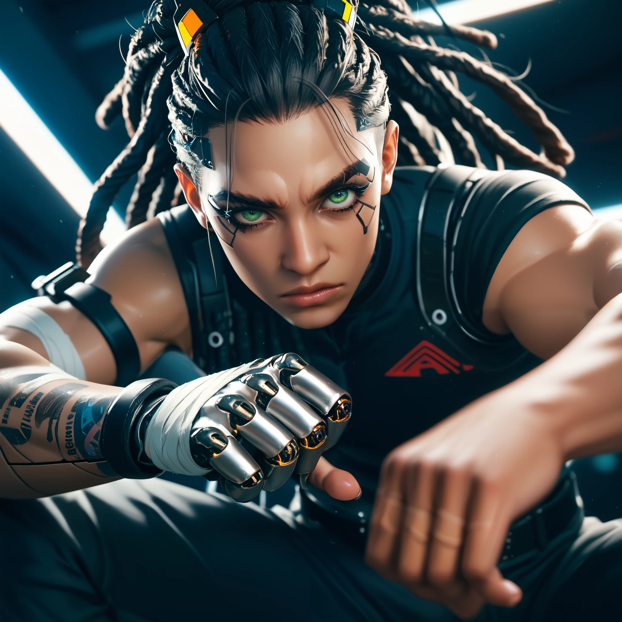 cyborg, 1_bulky_man_cyberpunk_2077, with tanned skin, dreadlocks, knuckle bandages, looking like a fighter, cyborg eyes, fighting stance, fierce eyes, narrow eyes, furrowed brows, light green eyes, shizzeled chin