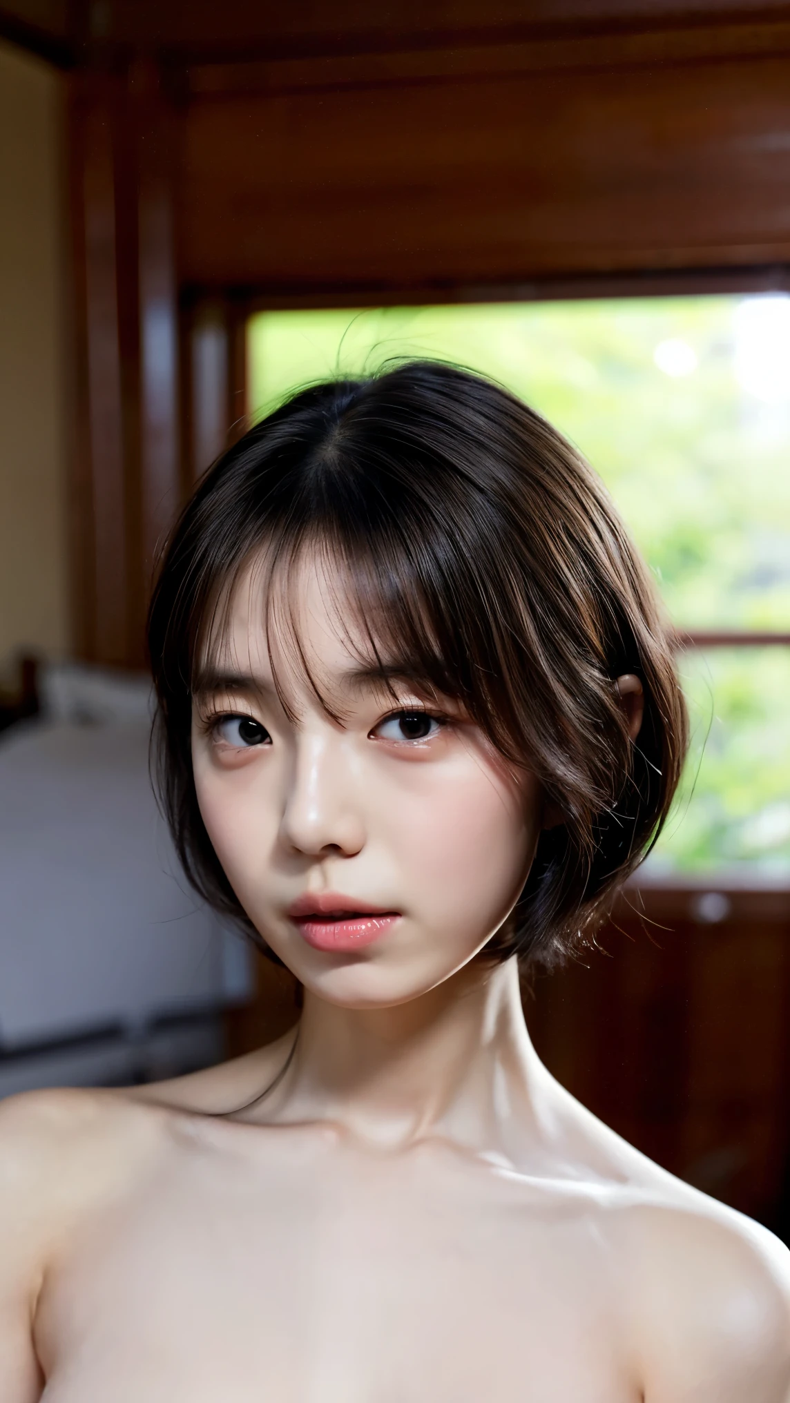 ((In the bedroom, Transistor Glamour, Petite women, Voluptuous women, sensual women, no makeup in the coal mine, 柔らかい笑face)), ((( small eyes , length, Narrow eyes, Black Hair , short bob hair))), ( full body portrait , short hair, small breasts, I'm wearing a bra and panties, ), white skin, Glossy pale lips, skinny, Body Type, delicate and sexy collarbone, Best Quality, RAW photos from the last century, Realistic, face, so beautiful, cute, depth of written border , Hi-Res, 超 Details, Details, Very Details, extremely Details eye and face, sharp pupils, sharp concentration, Movie Lighting