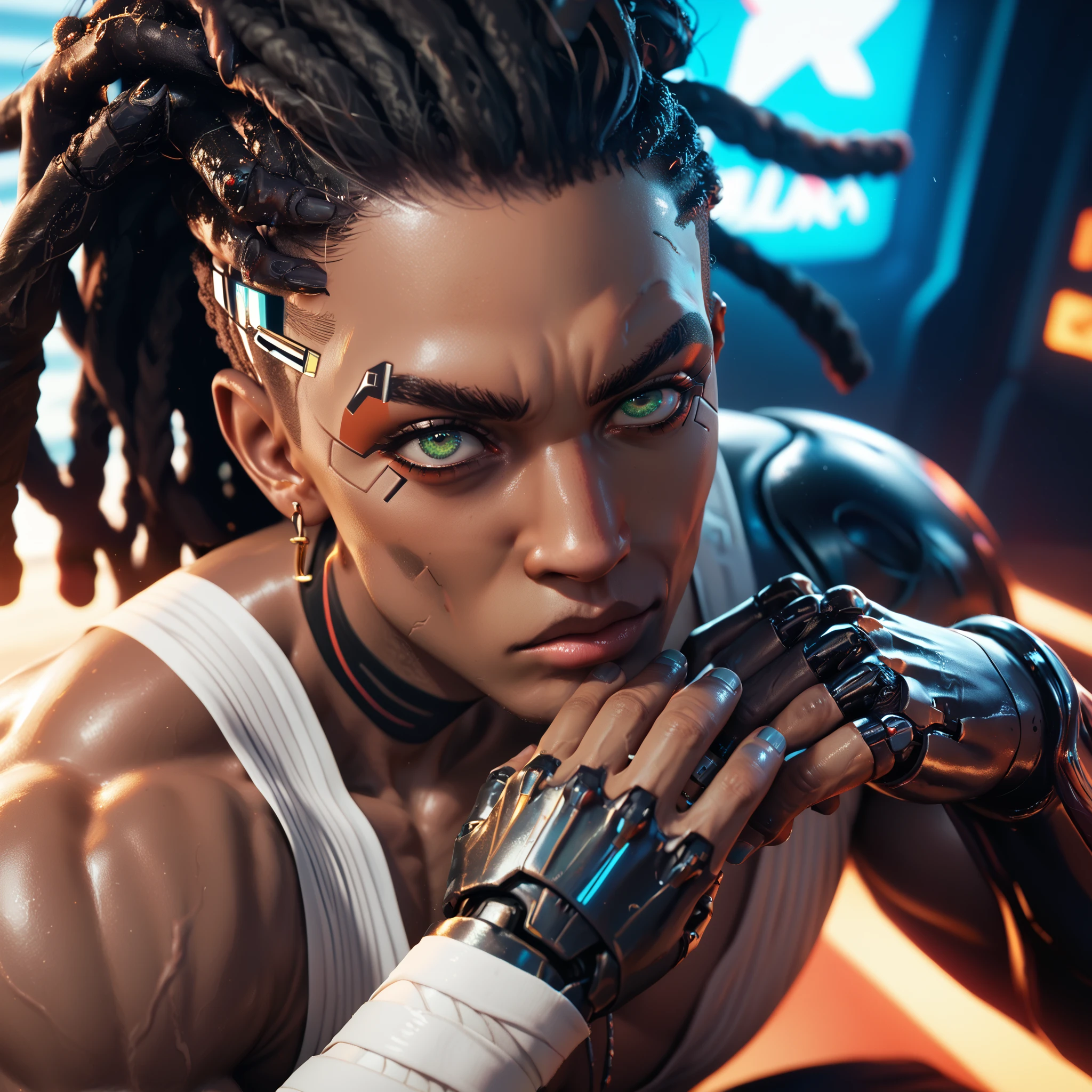 cyborg, 1_bulky_man_cyberpunk_2077, african, black skin, veins, adult male, rough, dreadlocks, knuckle bandages, looking like a fighter, cyborg eyes, fighting stance, fierce eyes, narrow eyes, furrowed brows, light green eyes
