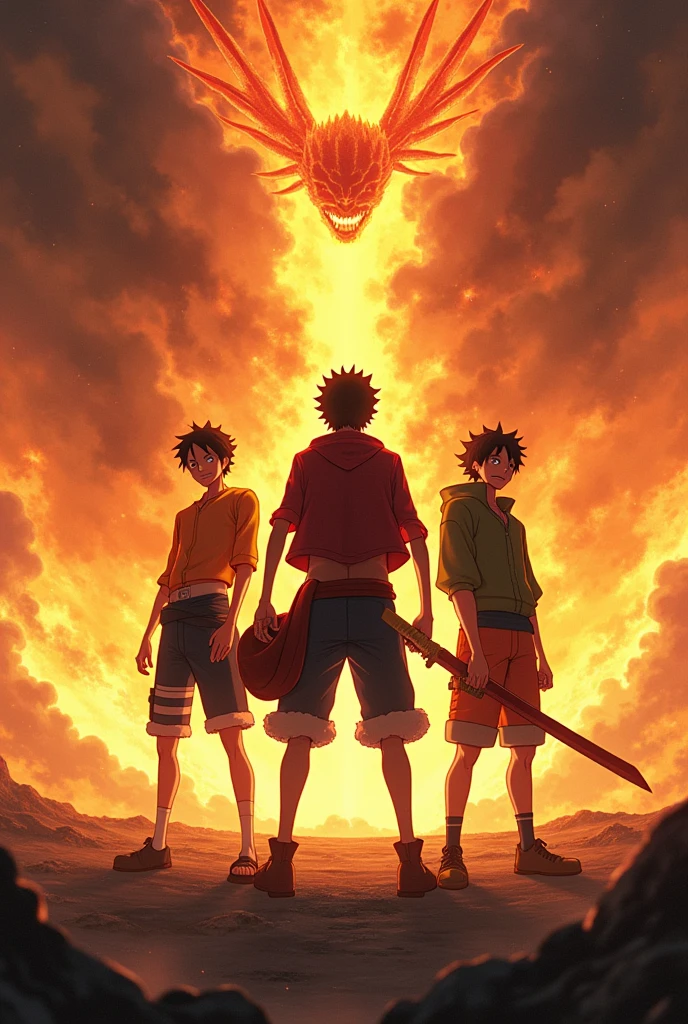 Boys, Full body, Serious face, brown eyes, ((orange hair)), medium length hair, wearing black samurai kimono, black shoe, levitate on sky, blue sky, cloud, various sides view
