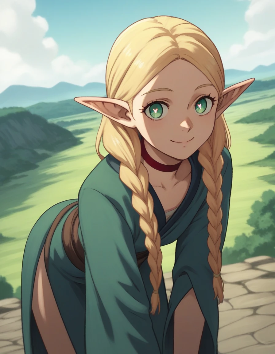 score_9, score_8_up, score_7_up, source_anime,
marcilledonato, marcille donato, long hair, blonde hair, green eyes, braid, pointy ears, twin braids, elf, bright pupils, parted bangs,
choker, robe, red choker,
outdoors, landscape, bent over, smile,
looking at viewer, solo, cowboy shot, dutch angle,