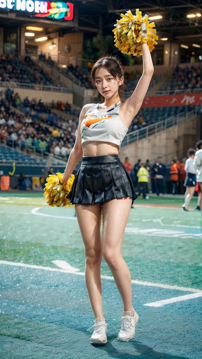 8k、（masterpiece、Best Quality:1.3）、（ very detailed:1.2）、 perfect anatomy、 beautiful Japanese women 、2０age、 Healthy Thighs、 beautiful feet、Beautiful Skin、 random hair color 、 random hairstyles、Big Breasts、 cheerleader、( cheerleaderのユニフォーム:1.3) 、(Micro Pleated Mini Skirt:1.3) 、 full body shot、Shoes、Stadium