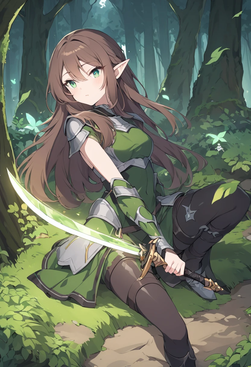 an elf woman, brown hair, 26 years old, emerald eyes, dressed in leather armor and moss, a simple sword, forest setting, exuding great magic