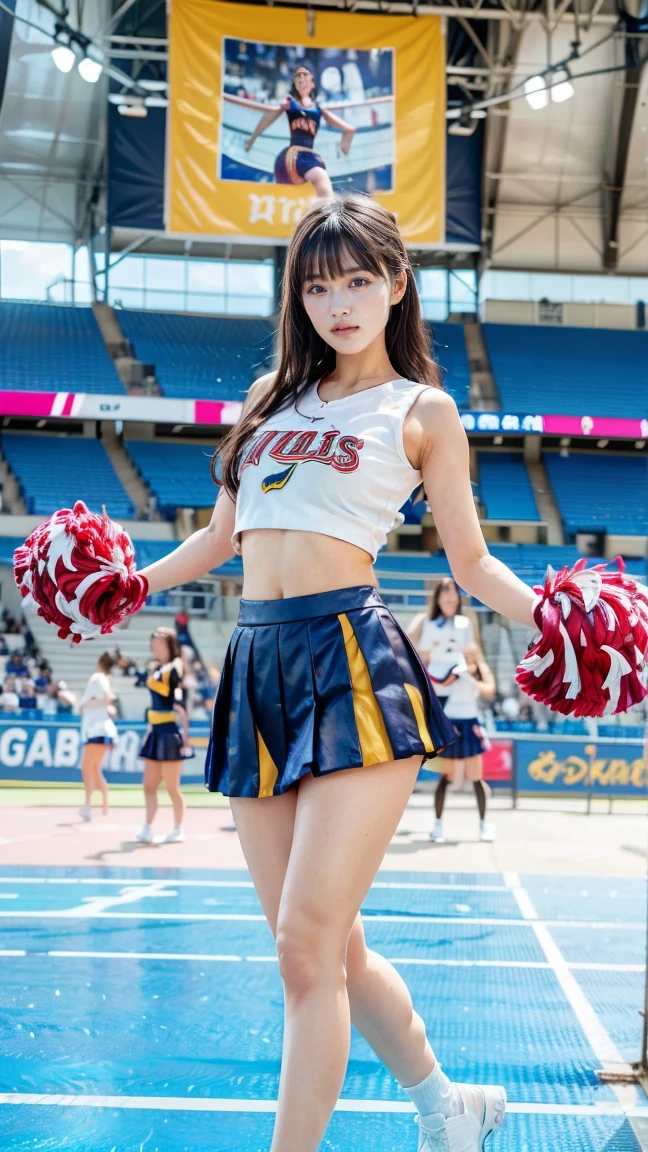 8k、（masterpiece、Best Quality:1.3）、（ very detailed:1.2）、 perfect anatomy、 beautiful Japanese women 、2０age、 Healthy Thighs、 beautiful feet、Beautiful Skin、 random hair color 、 random hairstyles、Big Breasts、 cheerleader、( cheerleaderのユニフォーム:1.3) 、(Micro Pleated Mini Skirt:1.3) 、 full body shot、Shoes、Stadium