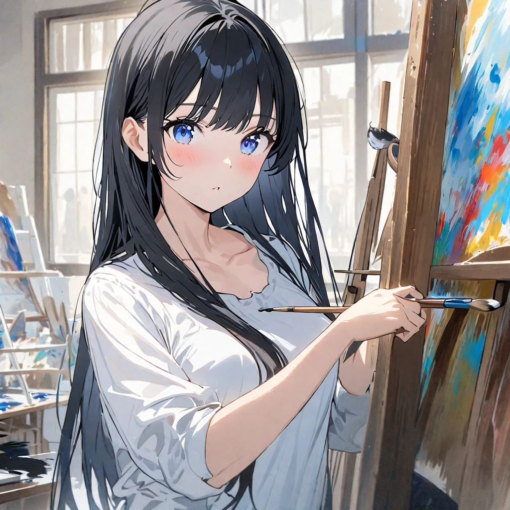 blue_eyes, long_hair, black_hair, shirt, holding, white_shirt, bangs, paintbrush, painting_(action), painting_(object), canvas_(object), 1girl, palette_(object), indoors, looking_at_viewer, solo_focus, easel, holding_paintbrush, blush, breasts, solo, parted_lips, sleeves_past_elbows, long_sleeves, upper_body, closed_mouth, collarbone, skirt, sunlight --ar 2:3