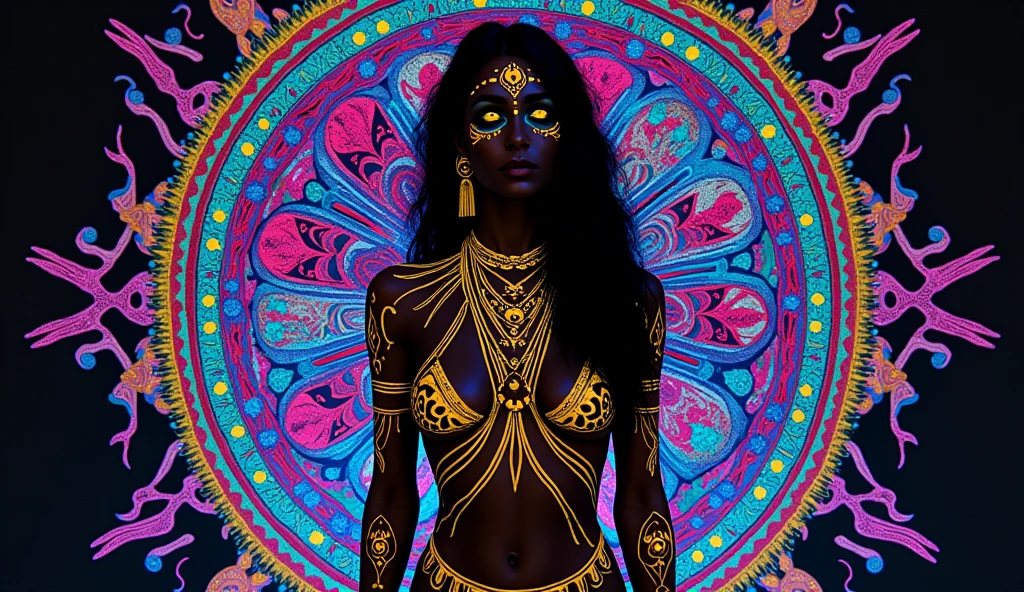 cartoon style, masterpiece, best quality, ultra high res, extremely detailed, (psychedelic art:1.4), black woman, African designed veil, visually stunning, beautiful, award-winning illustration, cosmic space background, ethereal atmosphere, ultra quality, beautiful black woman, cosmical concept, rainbow strings, rainbow skin, rainbow bloody veins growing and intertwining out of the darkness, nailed wire, oozing thick blue blood, sharp neon, veins growing and pumping blood, vascular networks growing, green veins everywhere, yin and yang, glowing space, glowing stars, infinity symbol