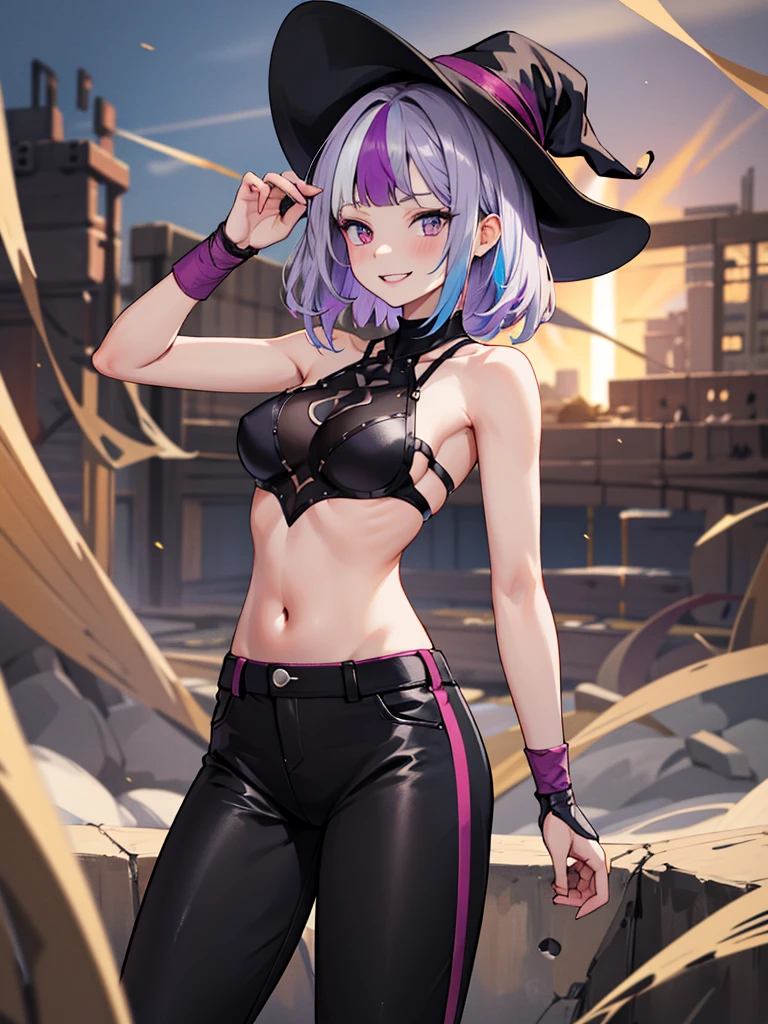 masterpiece, Best Quality,  Hi-Res, three, Multi-colored hair,  purple eyes,  black pants,  is standing,  cowboy shot,  wicked smile,  Arm Bras , Straight,
