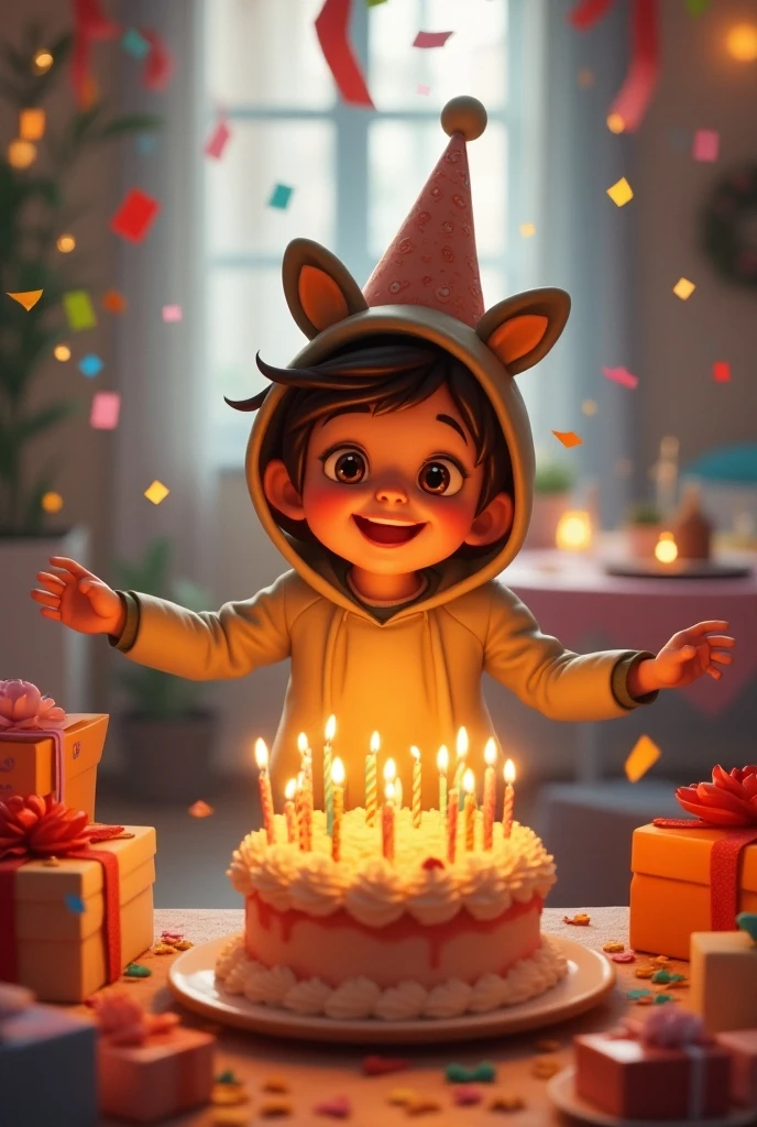 create a realistic image of a sad , malnourished, Cute with a little hat on his birthday celebrating his birthday with his cake, He's on a sidewalk at night , his cake has a candle and he's getting closer to eat, A man is coming behind him