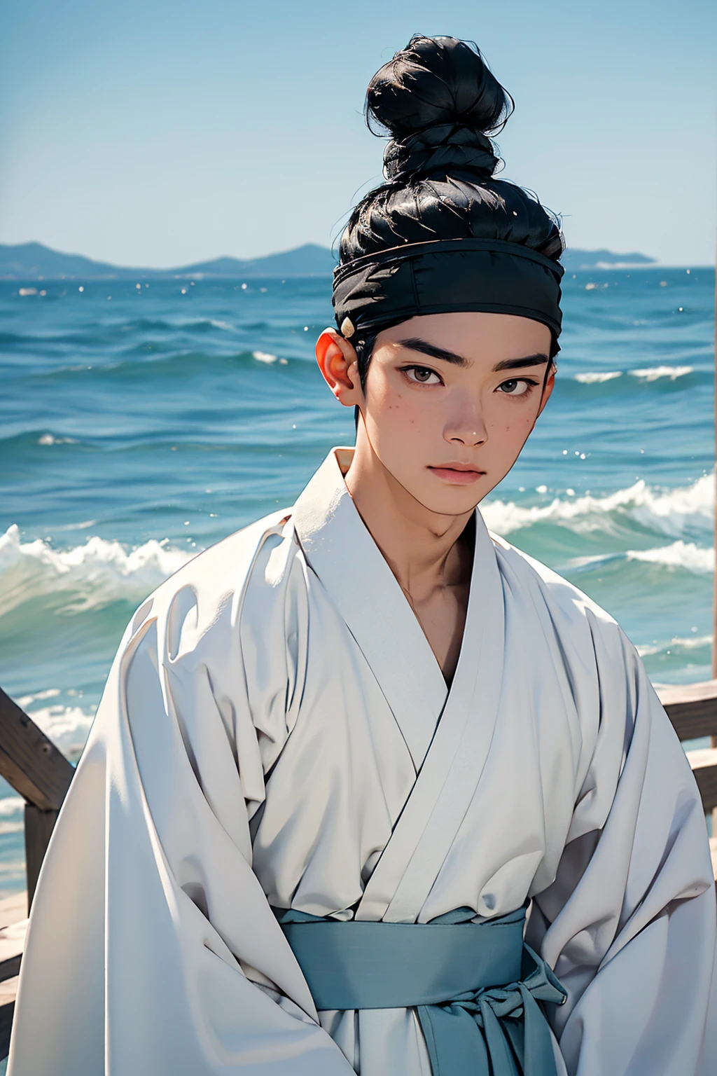 {absurdres, highres, masterpiece, best quality, ultra-realistic,ultra-detailed},(beautiful detailed face and eyes and hair:1.1),handsome,asian man,black hair,black eyes,datailed face,topknot,see-through headband,white hanbok,faint smile,upper body, sea background