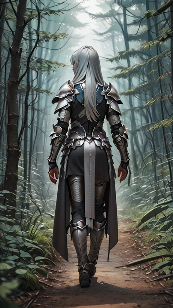 ( silver medium long hair :1.3)、from below, from behind,  knight、armor、young knight woman standing in the distance, (((very long shot:1.5))), full body,  Dark Sky , (photo realistic:1,5), best quality,midnight、Putty Dark Forest 
