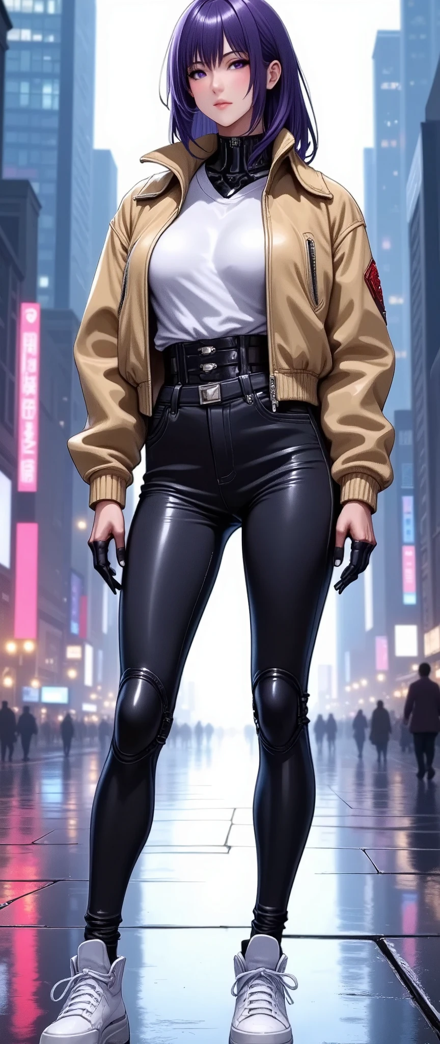 (masterpiece:1.2),(Best Quality),(Super detailed),( super high definition),( best illustration),8k, wallpaper, Beautiful Female Cyborg,whole body,Vector art,Layered Textures ,progressive,SF, Cyberpunk ,beige oversized jacket ,  Black skinny jeans,  white sneakers , black crossbody bag, fashionable ,(The background is the downtown area of Cyber World)