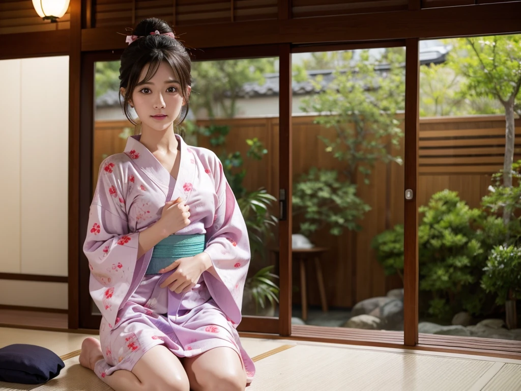 (full bodyesbian:1.5)，(1girll:1.3),(view the viewer:1.4)，(anatomy correct:1.4),(Sitting in the bathroom:1.2),(Wearing a yukata:1.2),(Accurate and perfect face:1.3),(Long legs:1.3),hyper HD, Ray traching, reflective light， structurally correct, Award-Awarded, High detail, Fade-in and fade-out shadow contrast, Face lighting ，Cinematic lighting, Masterpiece, super detailing, High quality, High detail, Best quality, 16k，High contrast,