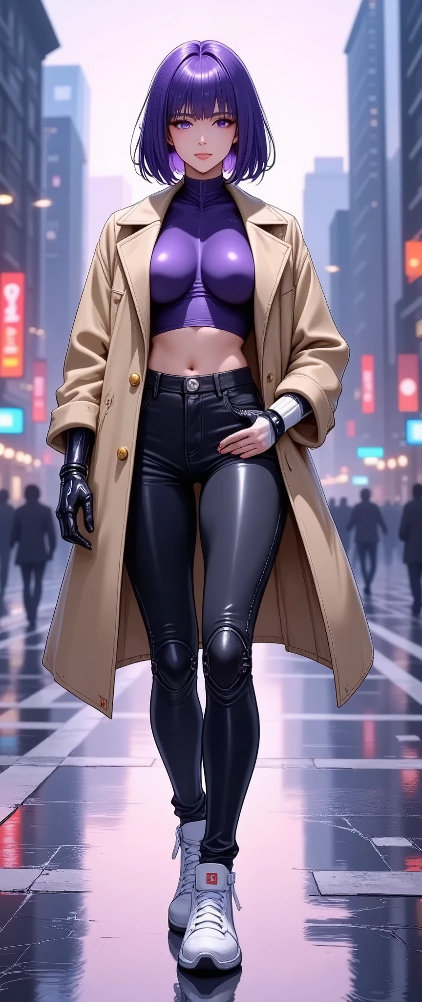 (masterpiece:1.2),(Best Quality),(Super detailed),( super high definition),( best illustration),8k, wallpaper, Beautiful Female Cyborg,whole body,Vector art,Layered Textures ,progressive,SF, Cyberpunk ,beige oversized jacket ,  Black skinny jeans,  white sneakers , black crossbody bag, fashionable ,(The background is the downtown area of Cyber World)