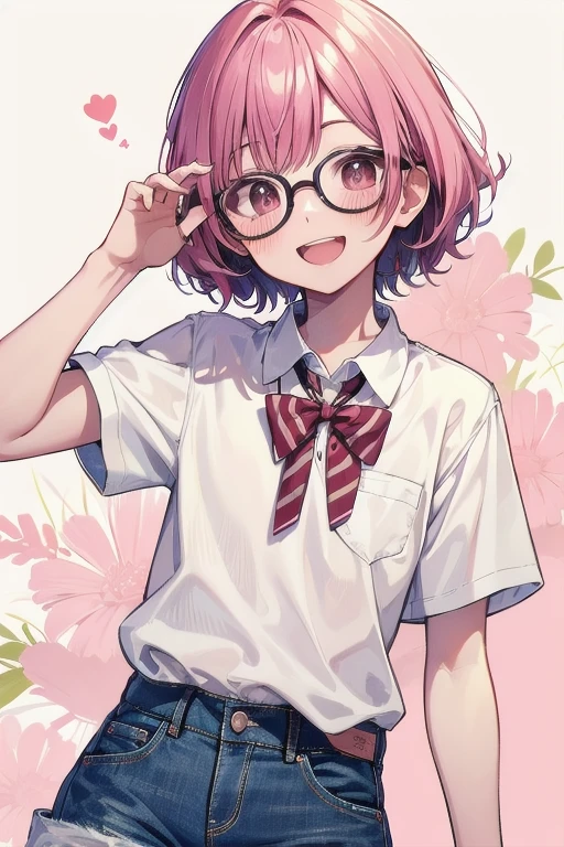 michirutojo, white shirt, collared shirt, short sleeves, looking at viewer, denim shorts, glasses, smile, wink, open mouth, blush