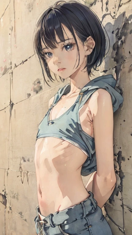 masterpiece, Highest quality, Very detailed, 8k, Realistic, super close up of chest, focus on chest, One Girl, alone, Very detailed face, (head shot:1.5), Standing in front of a wall covered in hip hop graffiti, Cyberpunk neon cityscape,Pixie cut white hair, She is wearing a short neon tank top and an open hoodie, Nice ass, (flat chest:1.6), nsfw