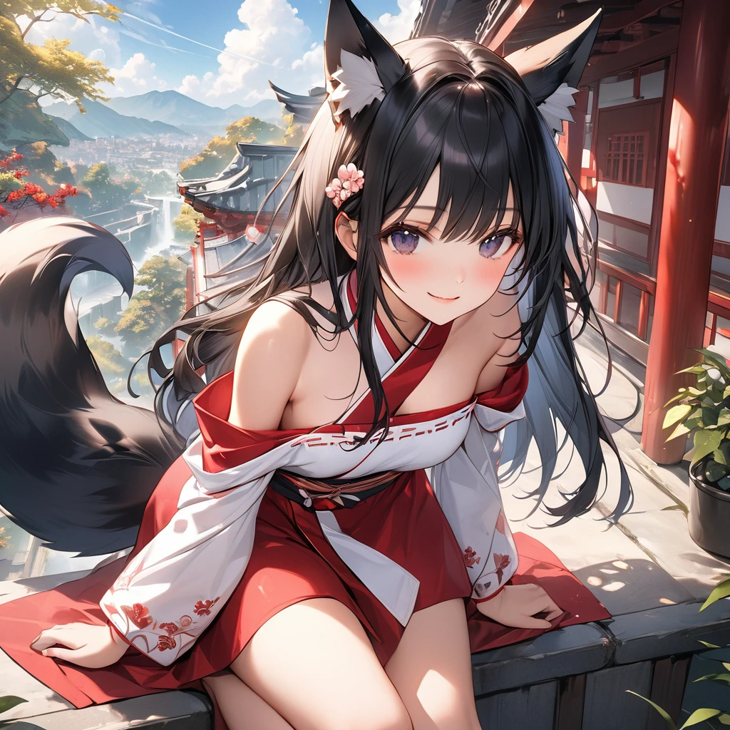 ((2D beautiful girl、top-quality、perfect finger 14、Perfect Anatomy 1.4、extremely delicate and beautiful illustration))、cute petit girl、(transform sequence)、Blur the background、((red shrine maiden leotard、white decoration))、14years、a junior high school student、Fractal Art、baby-face、((stright long hair))、beatiful detailed eyes、Show your teeth and give your best smile、Full Body Display、(two individuals)、blue open sky、majestic shrine、pretty headband、Fox ears、