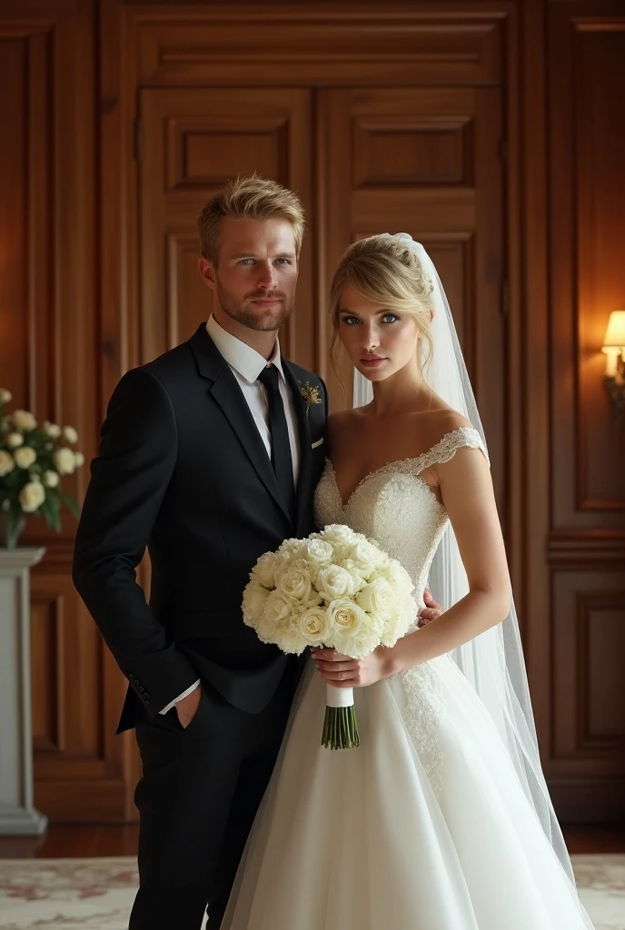 A man and a woman are standing nearby, Wedding photo, lovely couple, Bride and groom, by Maksimilijan Vanka, Happy couple, couple portrait, in style of kyrill kotashev, maxim sukharev, couple portrait, nikolay, close portrait, Elegant couple, maxim shirkov