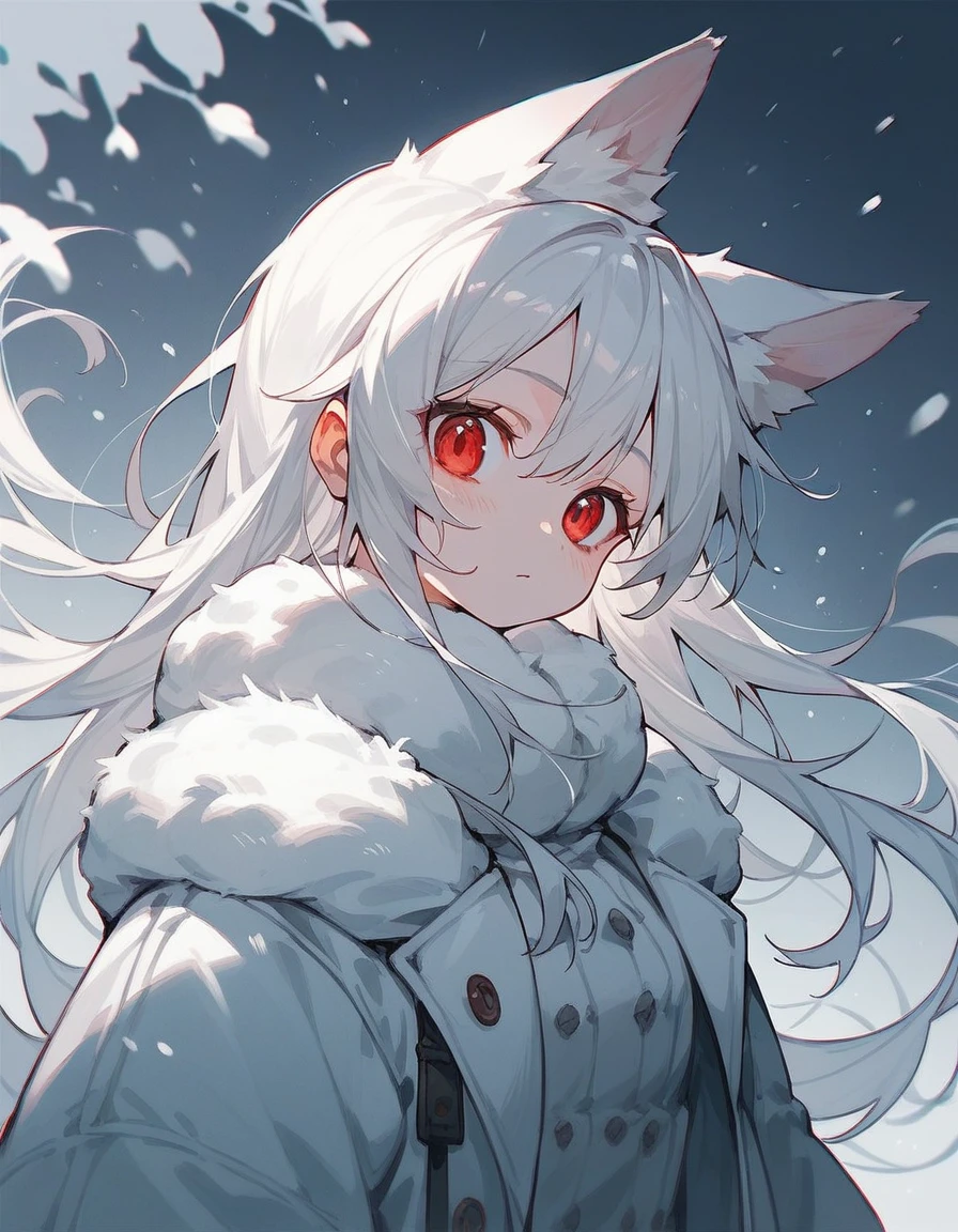 Sister Wolf Ears in Red Eyes White Long Hair Wearing Winter Coat Chest