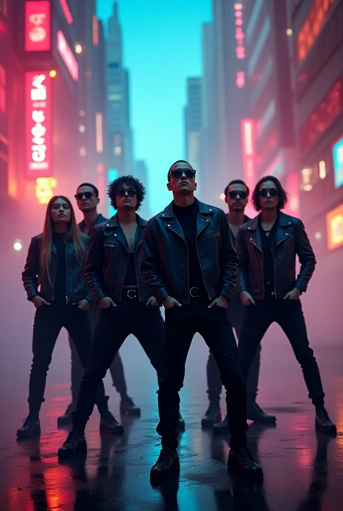 Leave in the cyberpunk style without changes the characteristics of the main people who appear, do not age the weights, leave the bigger boy on the left with sunglasses aviator and rocker