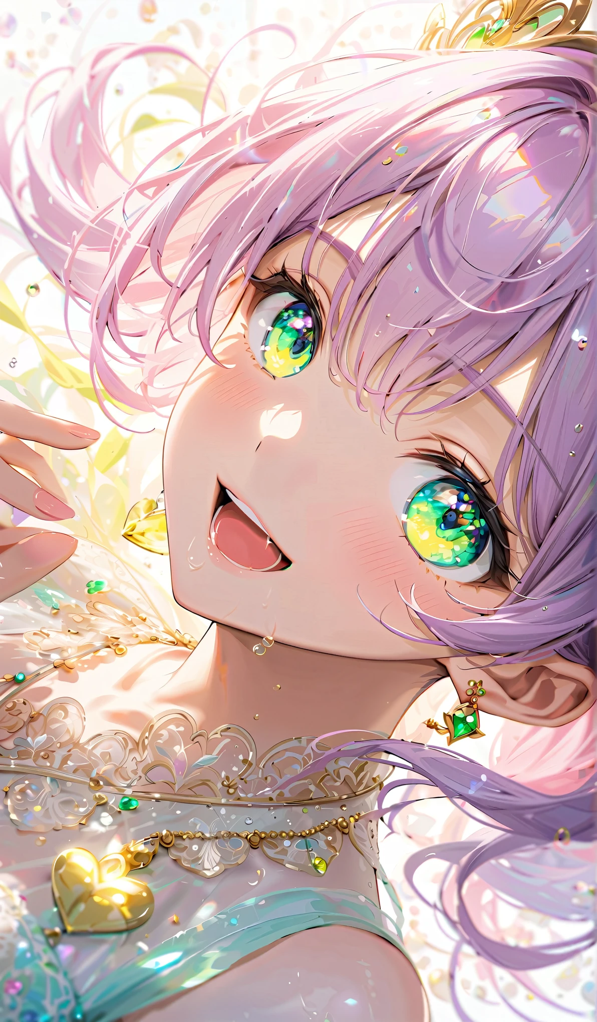  （Big Breasts:1.7）. Side pony hair.  hollow eyes, (saliva,   open your mouth ) 、   Focus on the Face   、   Gradient Light Pastel Purple Clear Hair、（View from directly below:1.2） ,   Woman with a blushing expression   ,    Soft pink and beige   , Natural Lightが顔に優しい影を作る、   emphasizes the bust、 look up   、（ Lemon Yellow and Emerald Green Heterochromic Eyes ,  heart shaped pupils :1.8）、（   Dynamic Pose  :1.8）、（ Sheer Holographic Pink Lingerie :1.2）、（ Extremely Delicately Embroidered Lingerie :1.3）  、   heart hair accessory   、Delicate depiction of big eyes   、  shiny hair texture、(   Best Quality Masterpiece   :1.4), (   young woman  , Age 19, Alone, Wet肌、 Cool smile,     open your mouth ,   Perfect Eyes:1.1), (   Aim carefully   ,    small round gold earrings   ,    Sheer Embroidered Lingerie    、(((  Please rotate your big breasts  :1.4))), Particles of light,    high detail, The Shining, bloom,   Skin texture seen from above  , barefoot, Natural Light, (Mature),   Eyes are transparent   , , Wet,  Back posture  