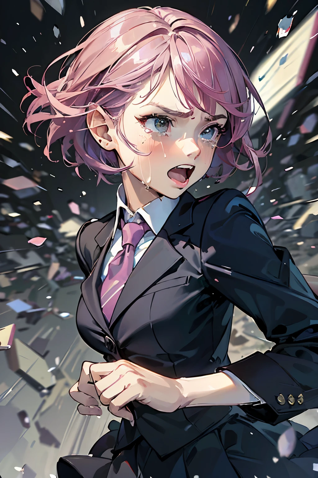 (highest quality:1.2), a 20-years-old girl is crying in barrage, serious face, front view, a photorealistic cute girl, beautiful face, European face, noble face, large eyes, beautiful lip,open mouth to cry, Short-cut pink hair, upper body portrait, wearing black business suits, wearing red tie, wearing black skirt.