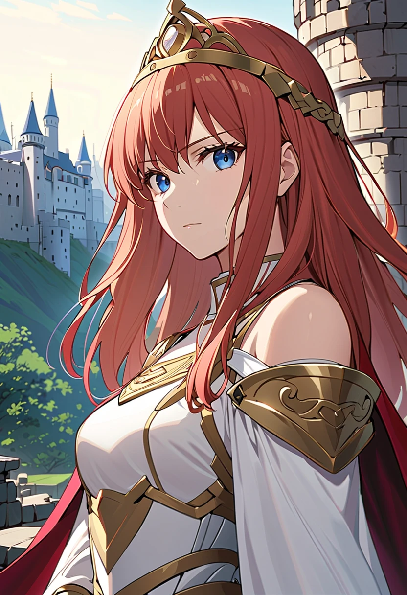 Celica FE,  1 girl, Alone,  viewers, Castle Background, Serious,  upper body, Cape, armor,  dress,  tiara ,  Bare Shoulder 