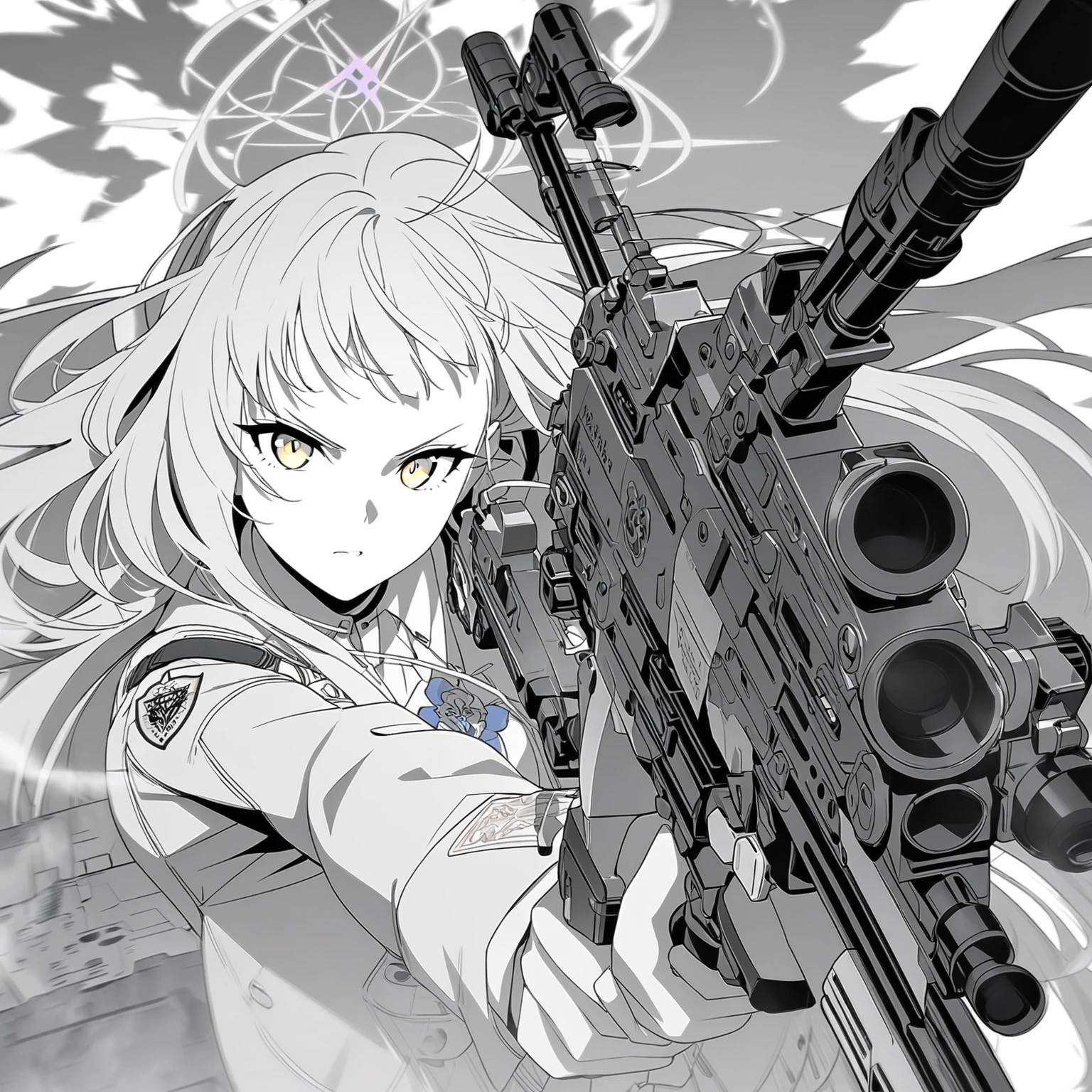 greyscale, (roughsketch style:1.5), an illustration depicting a character that appears to be a girl on a blue and white background, a comic strip portraying a character armed with a gun who looks in the background, 1girl, solo, weapon, gun, mika(blue archive), pointing the gun straight ahead, holding, yellow eyes, long hair, Spot color, Sketch, cel shading, blue archive artstyle, looking at viewer, anime machine gun fire, trigger anime artstyle, intense line art, by Shingei, heavy lineart, laser wip, badass pose, from girls frontline, maple story gun girl, perfect lineart, anime keyframe, heavy outlines, anime shot, aiming, thick lineart, {{{best quality, very aesthetic, ultra-detailed}}}, extremely detailed, perfect anatomy, {{{game cg}}}, interspecies, beautiful detailed, vector trace, 8k, official art