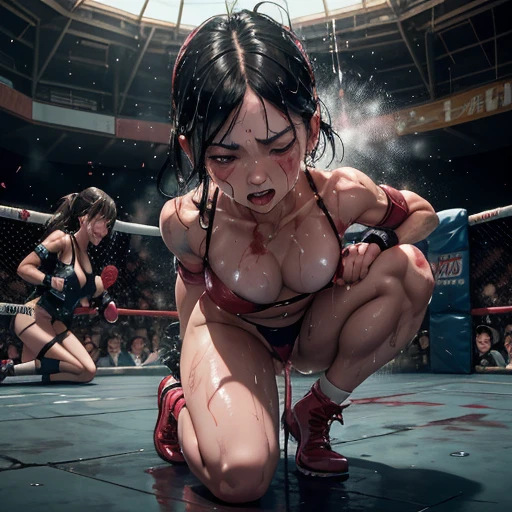 dynamic battle action, muscular and sixpack abs body, two beautiful Japanese high school student girl fighters are fighting in the octagon fighting ring of underground arena with audience. (((a fighter is striking the other bloody and crying fighter))), (Intense violence). her face is distorted and bloodied by opponent's attack. they are (beating) each other so hard. They are damaged terribly. Short-cut black hair, (((out of breath))), drooling from mouth, one eye is closed, exhausted, (((drenched in sweat))). her erect, pink nipples are splashing milk. open finger glove. top half naked, high-leg panty, Stockings. arm-covers. small breasts, Whittled waistline,