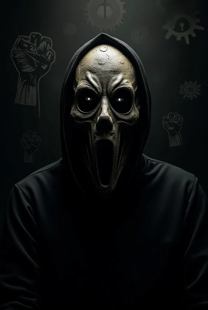 Generate an innovative design of a costume head "heroi" themed of "murderous" that he has a black polyester hood with cotton, with white rubber lines and that it has a black steel mask with a resistant plastic front that the mask has balls that would be the white eyes made of polymethylene oxide and with small holes in the shape of a point in the nose and mouth of the mask