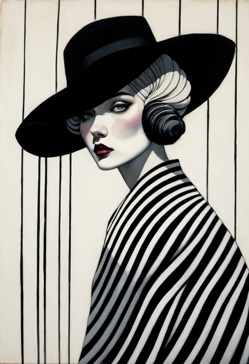 chiaroscuro technique on sensual illustration of an elegant  glamour a girl with elegant hat black and white barcode generates the subtitles, vintage beauty, eerie, the model draped in flowing, thick oil painting, by Hannah Dale, by Harumi Hironaka, extremely soft colors, vibrant, highly detailed, malcolm liepke painting, oil on canvas,  high contrast, dramatic, refined, tonal, Create high contrast between light and shadow