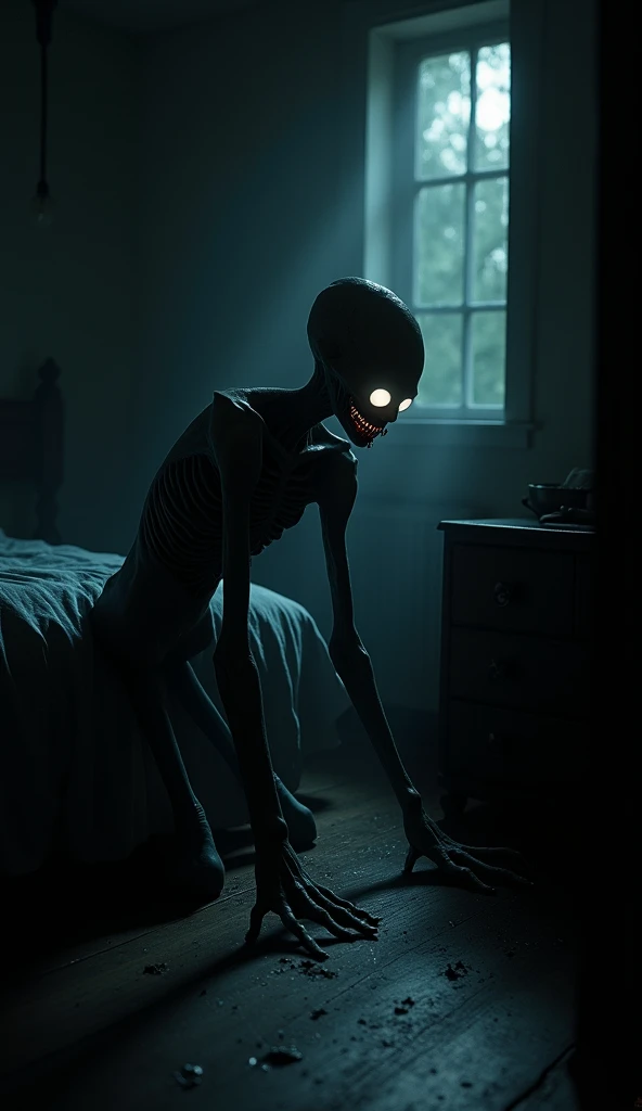 abandoned mansion, first person perspective with a pistol in hand, finds monster Brutamonte with doll face