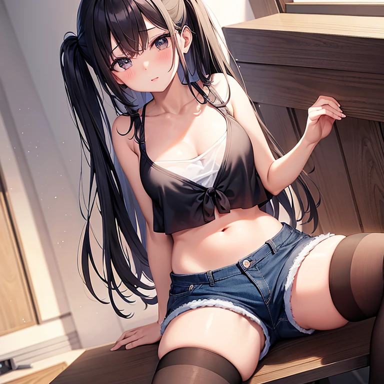 masterpiece, best quality, ultra detailed, 1 girl, short shorts, tank top, side ponytail, nsfw, 