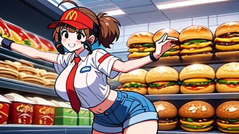 Animation-style illustration,
Future world,
A mix of a hamburger shop and a ramen shop.
The restaurant is dark and dilapidated.
Please make my dream lover, a girl dressed as an orange cat, an employee!
She doubles as a hamburger waitress and a ramen chef.
She serves burgers and ramen on a tray.
Full body,
Looking at viewer,
All the customers in the restaurant are female and wear basketball uniforms.